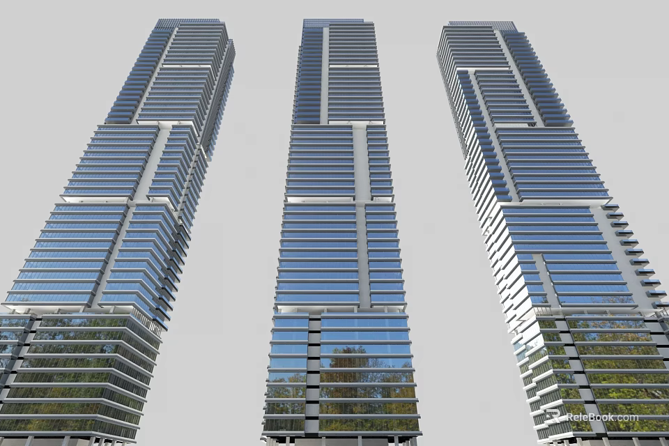 Modern High Rise Residential Buildings With Glass Curtain Walls and Greenery at the Base 3d model 