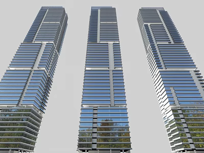 Modern High Rise Residential Buildings With Glass Curtain Walls and Greenery at the Base 3d model