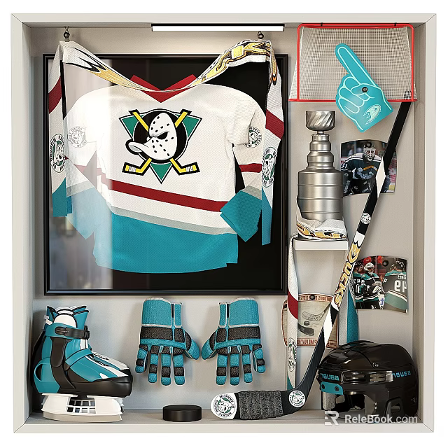 Hockey Sports Equipment Display With Jersey Gloves Skates Stick And Trophy 3d model 
