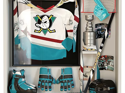 Hockey Sports Equipment Display With Jersey Gloves Skates Stick And Trophy 3d model