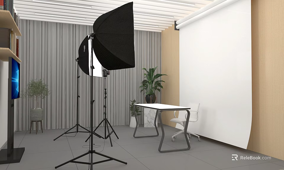 Public Workspace Setup With Softbox Lights White Table Chair And Potted Plant Light Curtains 3d model 
