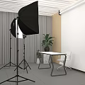 Public Workspace Setup With Softbox Lights White Table Chair And Potted Plant Light Curtains
