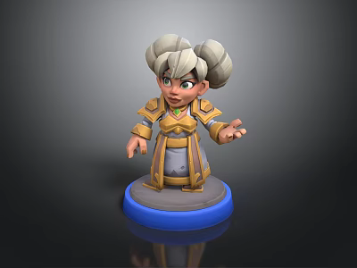 3D Game Character With Grey Bun Hairstyle Green Eyes Golden Brown Armor On Blue Base 3d model