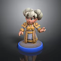 3D Game Character With Grey Bun Hairstyle Green Eyes Golden Brown Armor On Blue Base