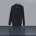 Dark Knitted Cardigan Hanging On Hanger Against Gray Wall With Smooth Floor Reflection