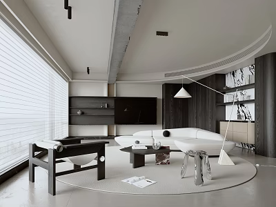 Modern Living Room Interior Design With White Sofa Black Coffee Table And Large Window Blinds 3d model