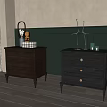 Two Dark Wooden Dressers With Drawers And Decorative Items Against Green Accent Wall