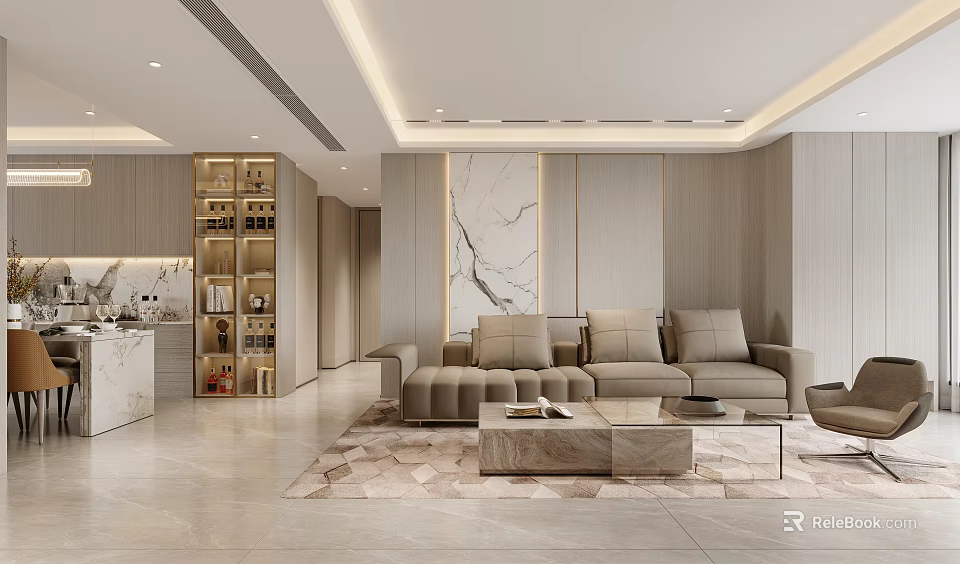 Modern Living Dining Room Interior Design With Beige Sofa Coffee Table Marble Wall And Rug 3d model 