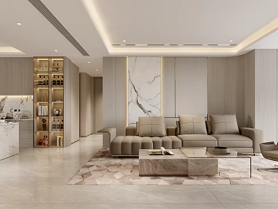 Modern Living Dining Room Interior Design With Beige Sofa Coffee Table Marble Wall And Rug 3d model