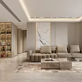 Modern Living Dining Room Interior Design With Beige Sofa Coffee Table Marble Wall And Rug