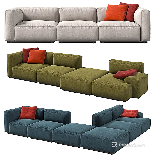 Modular Sofa Set with Beige Green Blue Colors and Red Decorative Pillows 3d model