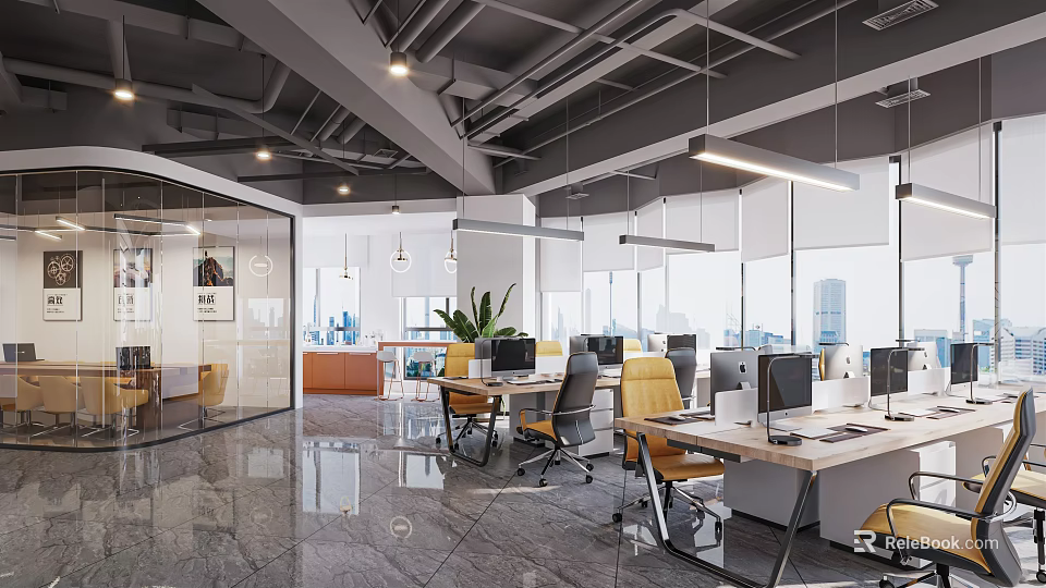 Modern Open Public Office Space Interior With Desks Computers And Yellow Chairs 3d model 