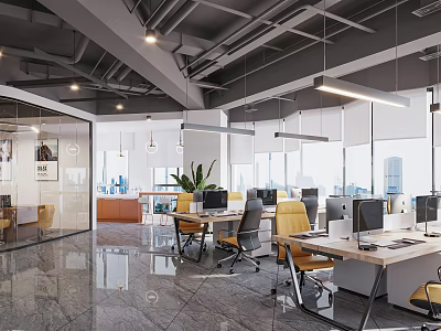 Modern Open Public Office Space Interior With Desks Computers And Yellow Chairs 3d model