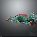 Vibrant Green Dragon Sculpture With Red Accents Lying On Brown Base Artistic