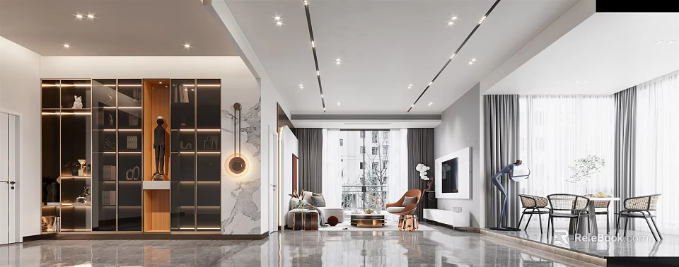 Modern Living Dining Room Interior With Sofa Coffee Table TV And Floor to Ceiling Windows 3d model