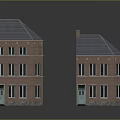 Two Red Brick Buildings With Gray Roofs Windows And Green Doors