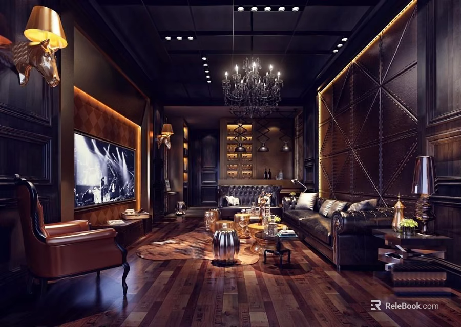 Elegant Modern Living Room with Dark Wood Decor Leather Sofa Chandelier TV and Rug 3d model 