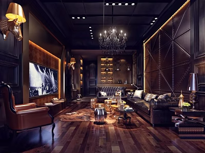 Elegant Modern Living Room with Dark Wood Decor Leather Sofa Chandelier TV and Rug 3d model