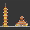 Traditional Ancient Pagoda and Palace Style Building Featuring Orange Roofs and Curved Multi layered Eaves