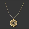 Elegant Gold Chain Necklace with Hexagonal Pendant Featuring Blue Gemstone on Dark Background with Reflection 3d model