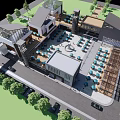 Modern Commercial Street With Perforated Wall Buildings Tower Outdoor Seating And Stone Paved Road