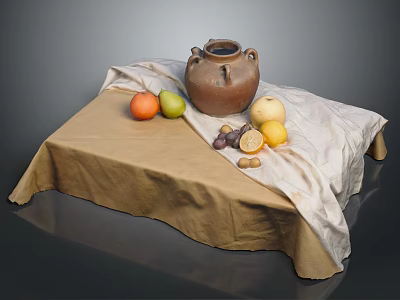 Table Covered With Brown And White Cloth Holding Earthenware Jar And Assorted Fruits 3d model