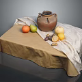 Table Covered With Brown And White Cloth Holding Earthenware Jar And Assorted Fruits