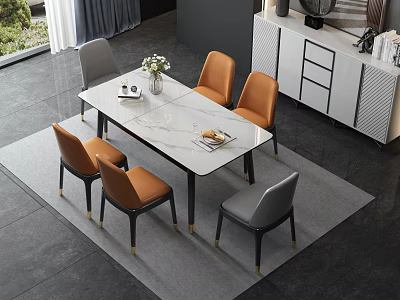 Modern Dining Table Set With White Marble Top And Orange Gray Chairs 3d model