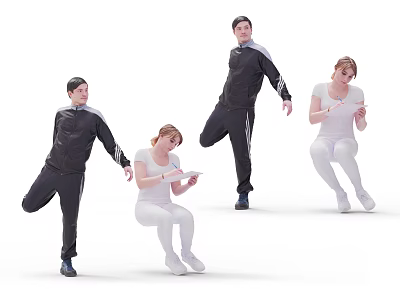 Group Of People In Sportswear Doing Dynamic Actions With Devices 3d model