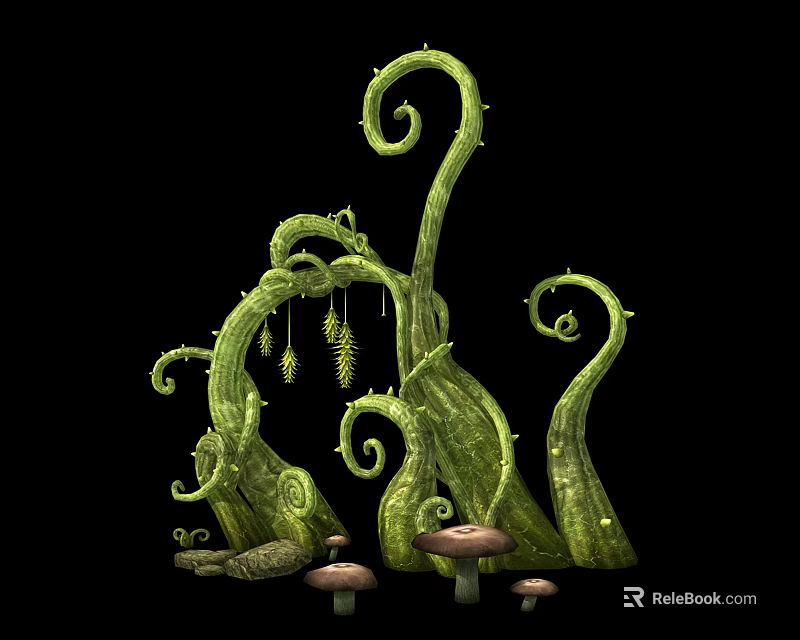 Green Spiral Vines with Thorns and Small Mushrooms in Dark Background 3d model 