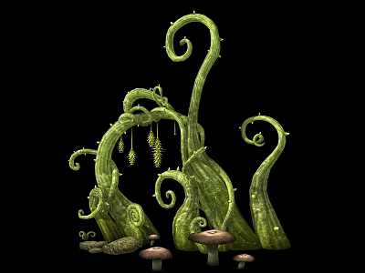 Green Spiral Vines with Thorns and Small Mushrooms in Dark Background 3d model