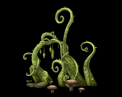 Green Spiral Vines with Thorns and Small Mushrooms in Dark Background 3d model