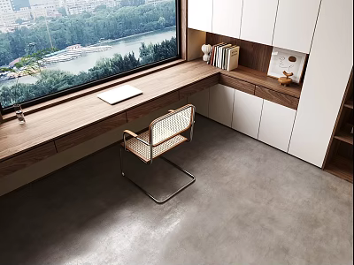 Modern Wooden Desk With Window View Bookshelf Rattan Chair And White Cabinets 3d model