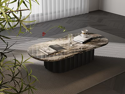 Modern Oval Coffee Table With Marble Top Black Base And Coffee Cup Book Glass 3d model