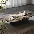 Modern Oval Coffee Table With Marble Top Black Base And Coffee Cup Book Glass