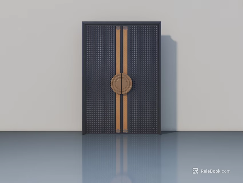 Modern Black Front Door With Brown Vertical Stripes And Round Decorative Ornament 3d model 