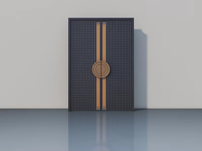 Modern Black Front Door With Brown Vertical Stripes And Round Decorative Ornament 3d model