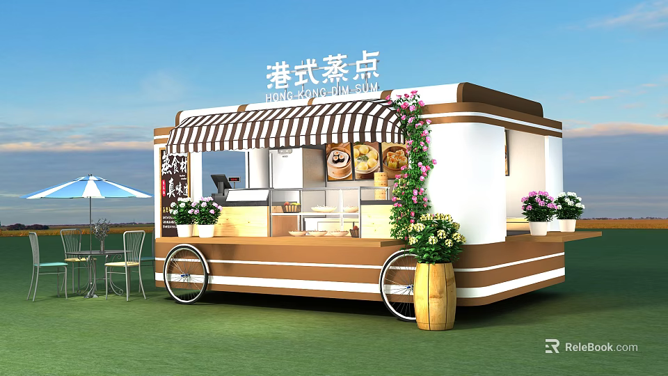 Hong Kong Style Dim Sum Mobile Food Cart With Awning Flower Decorations And Outdoor Tables 3d model 