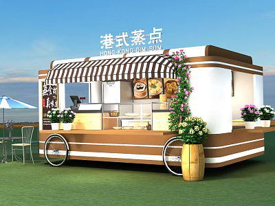 Hong Kong Style Dim Sum Mobile Food Cart With Awning Flower Decorations And Outdoor Tables 3d model