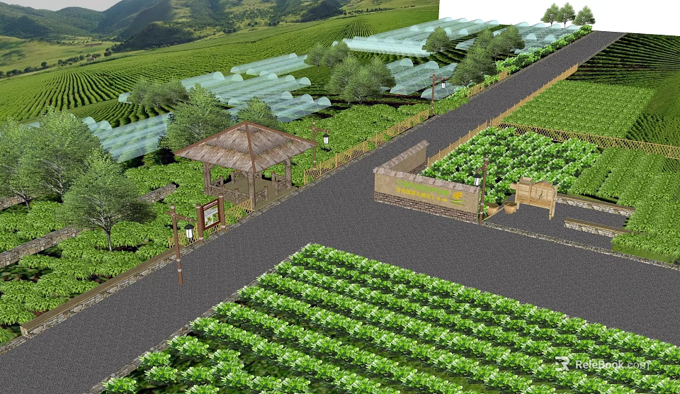 Scenic Agricultural Farmland With Greenhouses Pathway Pavilion And Lush Plants 3d model 