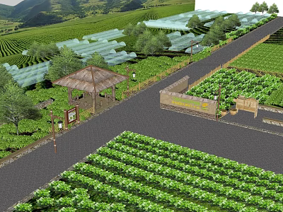 Scenic Agricultural Farmland With Greenhouses Pathway Pavilion And Lush Plants 3d model