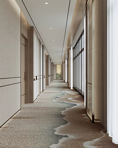Modern Elevator Hallway Design with Patterned Carpet Wall Panels and Natural Lighting 3d model