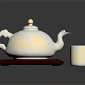 Elegant White Teapot And Mug With Gold Patterns On Wooden Tray