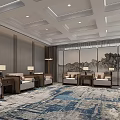 Modern Chinese Hotel Public Lounge Area With Wooden Sofas Decorative Paintings And Area Rug