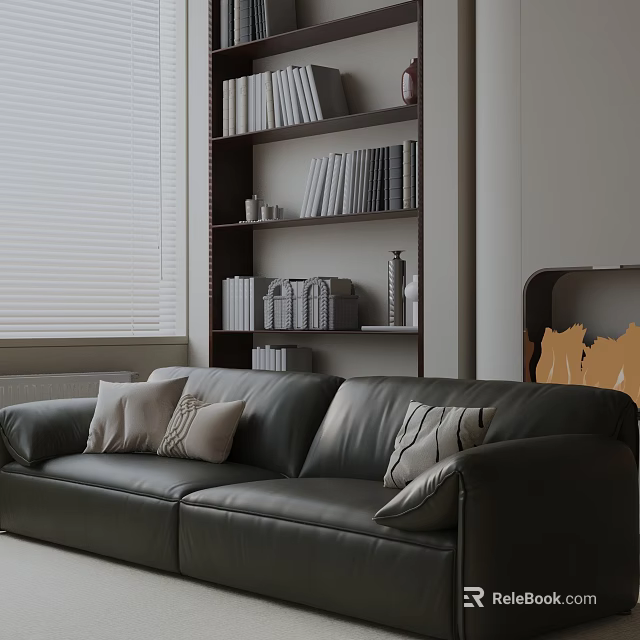 Modern Black Leather Three-Seater Sofa With Decorative Pillows Bookshelf And Window Blinds 3d model 