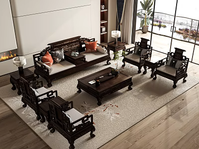 Traditional Chinese Style Sofa And Coffee Table Set With Matching Chairs And Decorative Pillows 3d model