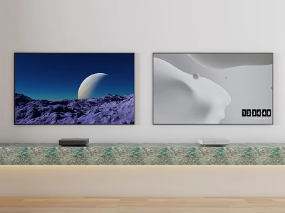 Two Wall Mounted TVs Showing Crescent Moon Purple Mountains And White Background With DO COCO Text 3d model