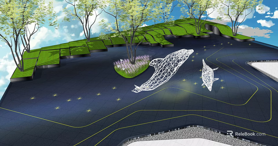 Garden Decor Featuring White Wireframe Whale Sculptures Green Lawn Trees Purple Flowers Ground Star Patterns 3d model 