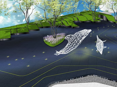 Garden Decor Featuring White Wireframe Whale Sculptures Green Lawn Trees Purple Flowers Ground Star Patterns 3d model