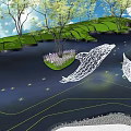 Garden Decor Featuring White Wireframe Whale Sculptures Green Lawn Trees Purple Flowers Ground Star Patterns